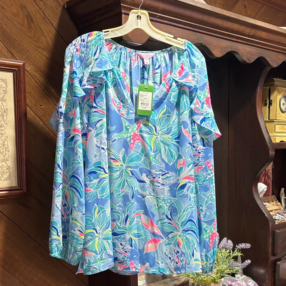 Lilly Pulitzer Blue Multicolor Floral Off-Shoulder Blouse
